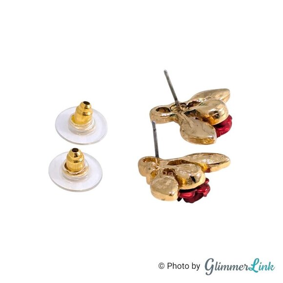 Vintage Red Enamel Rose Double Leaf Gold Tone Stud Pierced Earrings - Picture 6 of 9